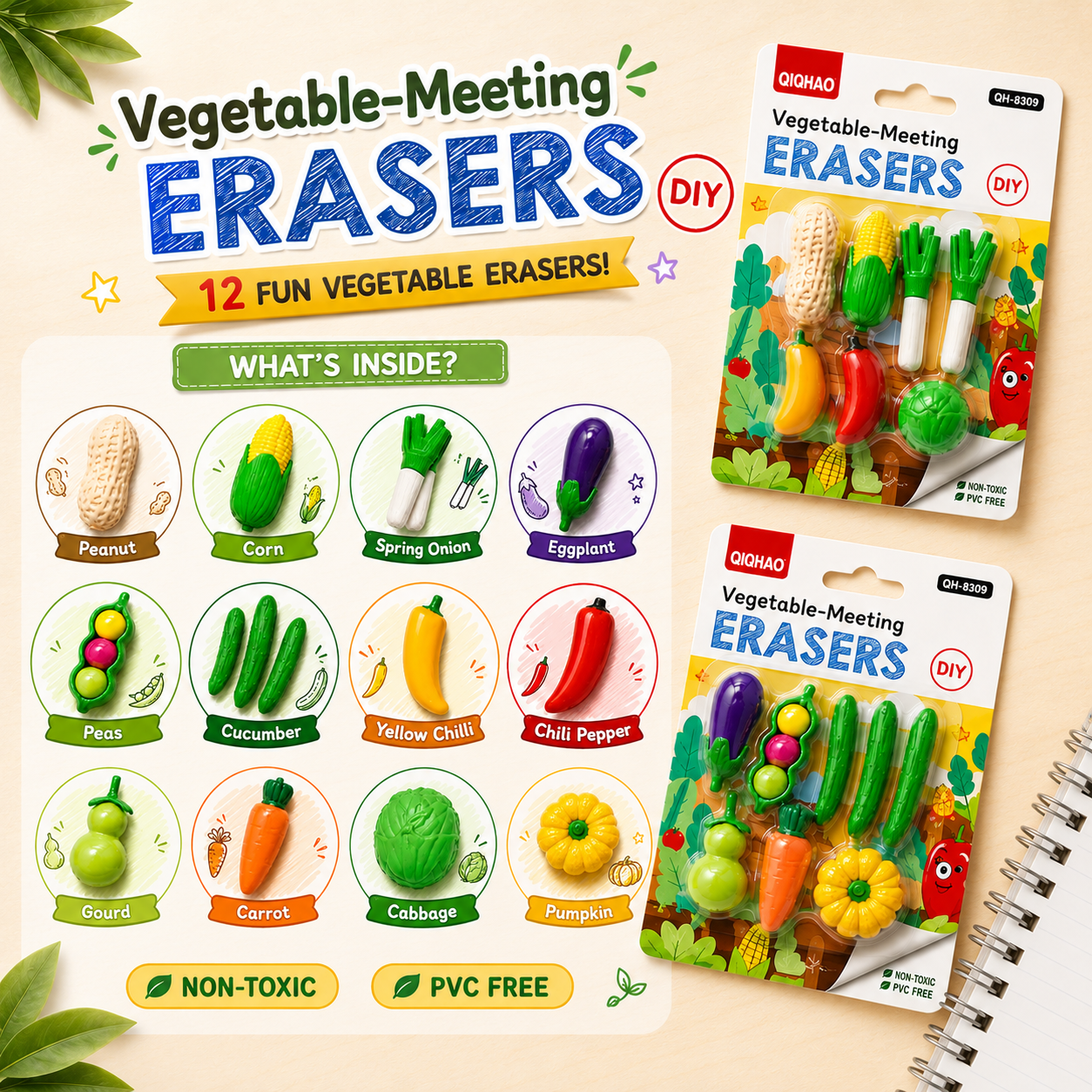 Vegetable-Meeting 3D Puzzle Eraser Set (12-Piece Pack)