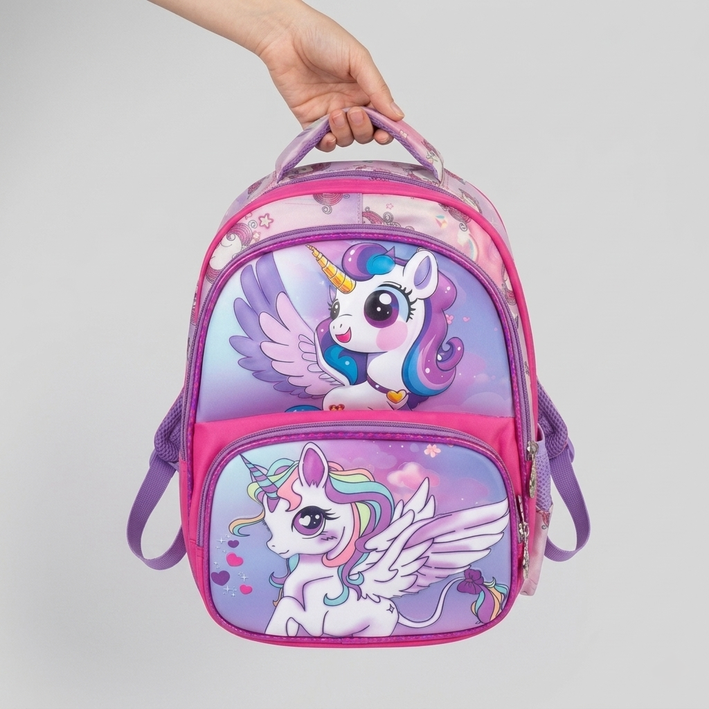 13" Magical Unicorn 3-Compartment Junior Backpack | Ergonomic Pink & Purple School Bag for Kids