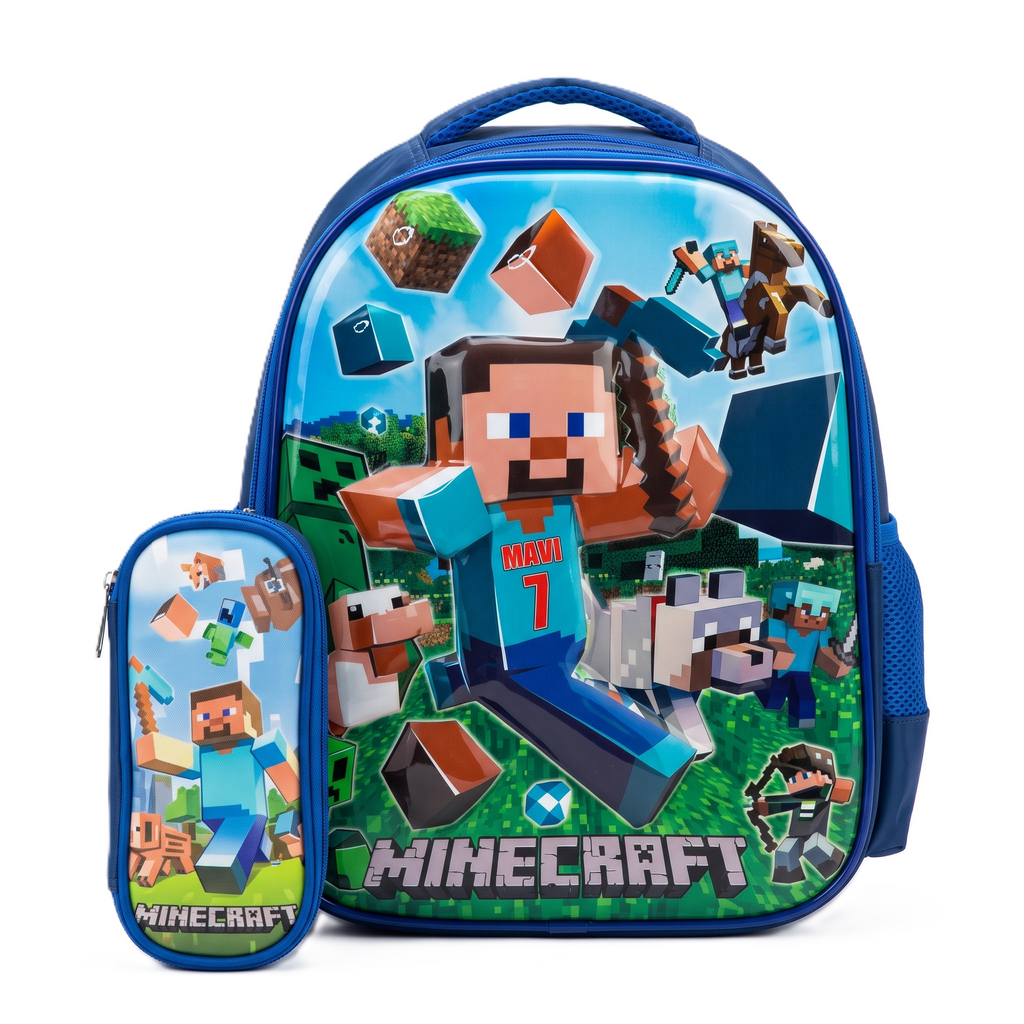 15" Minecraft Kids School Backpack with Matching Pencil Case – Blue