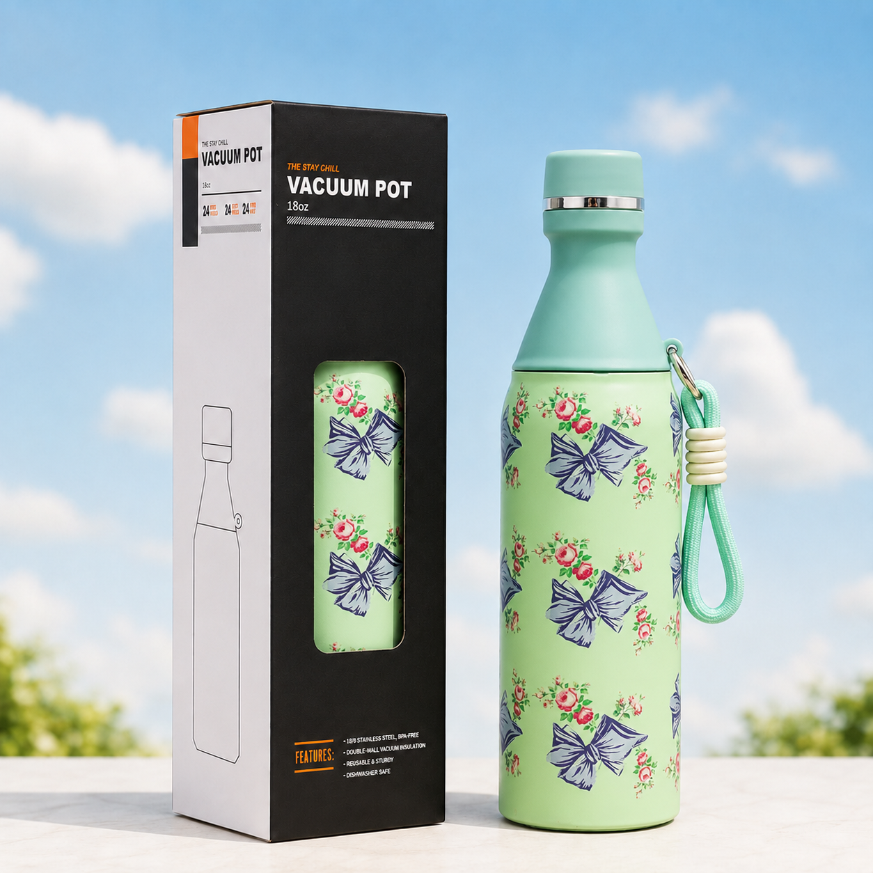 18oz Floral Insulated Water Bottle – Mint Green