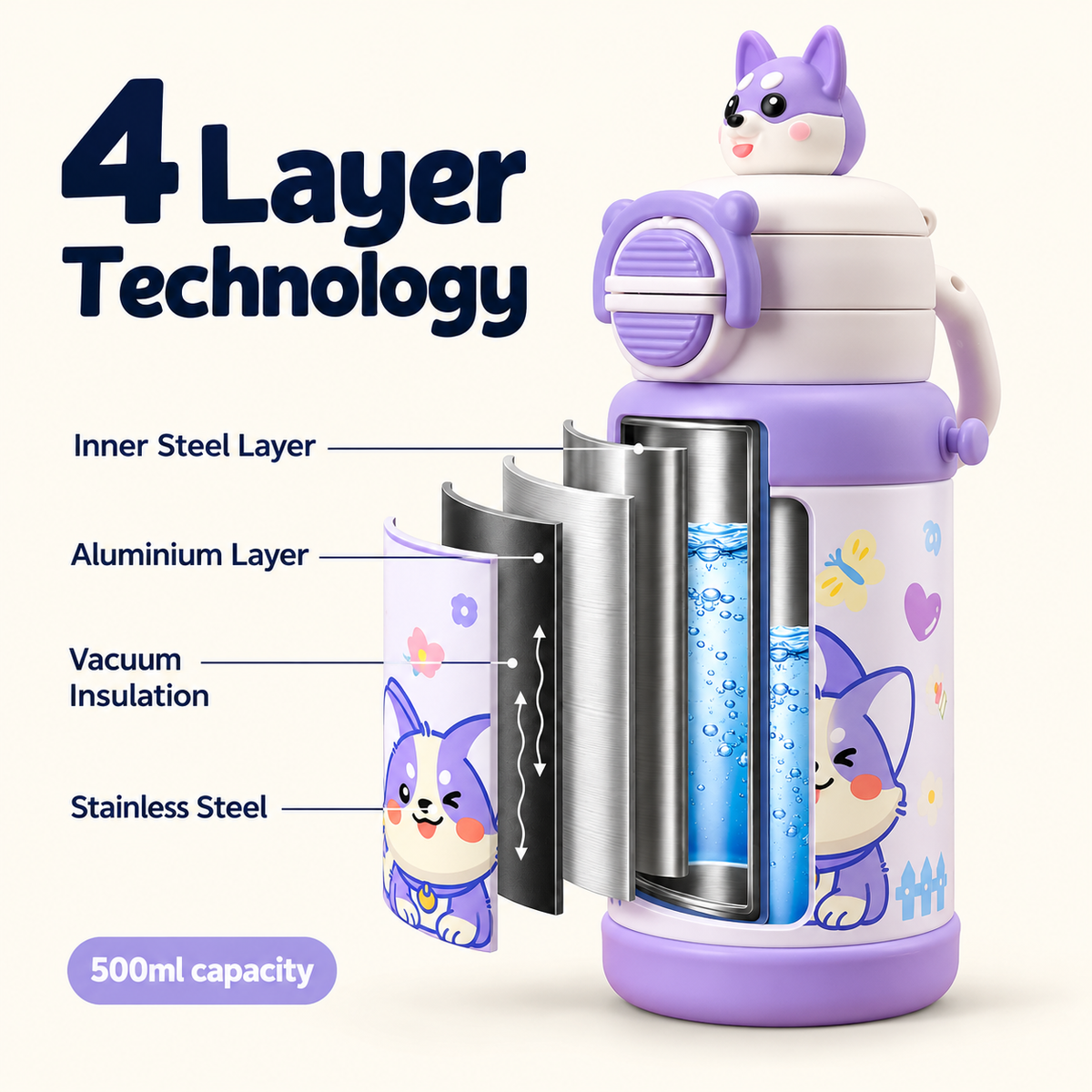 500ml Lavender Puppy Insulated Bottle