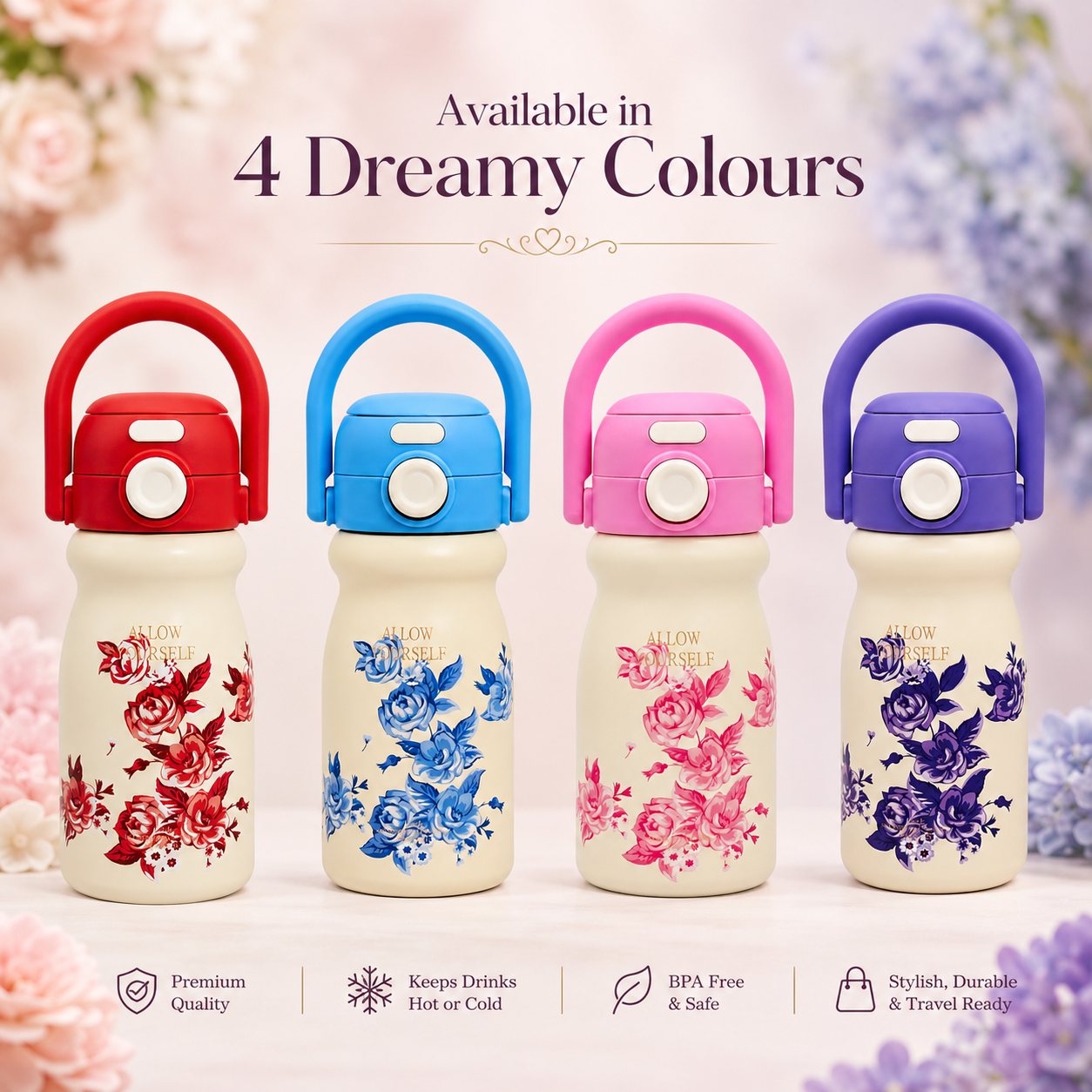 500ml Flower Insulated Steel Bottle – Sky Blue