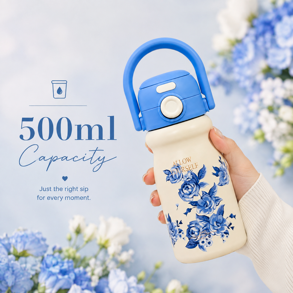 500ml Flower Insulated Steel Bottle – Sky Blue