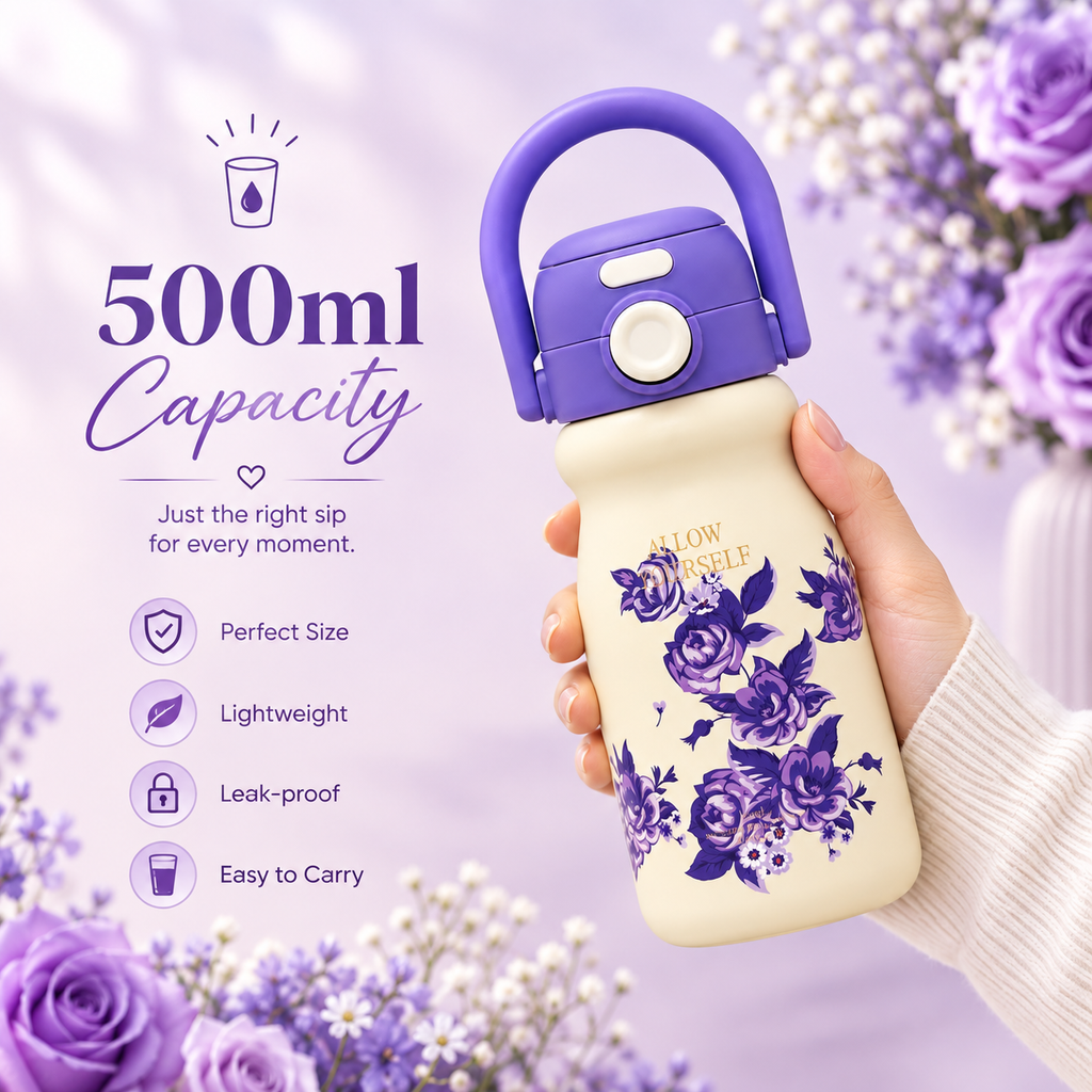 500ml Flower Insulated Steel Bottle – Lavender
