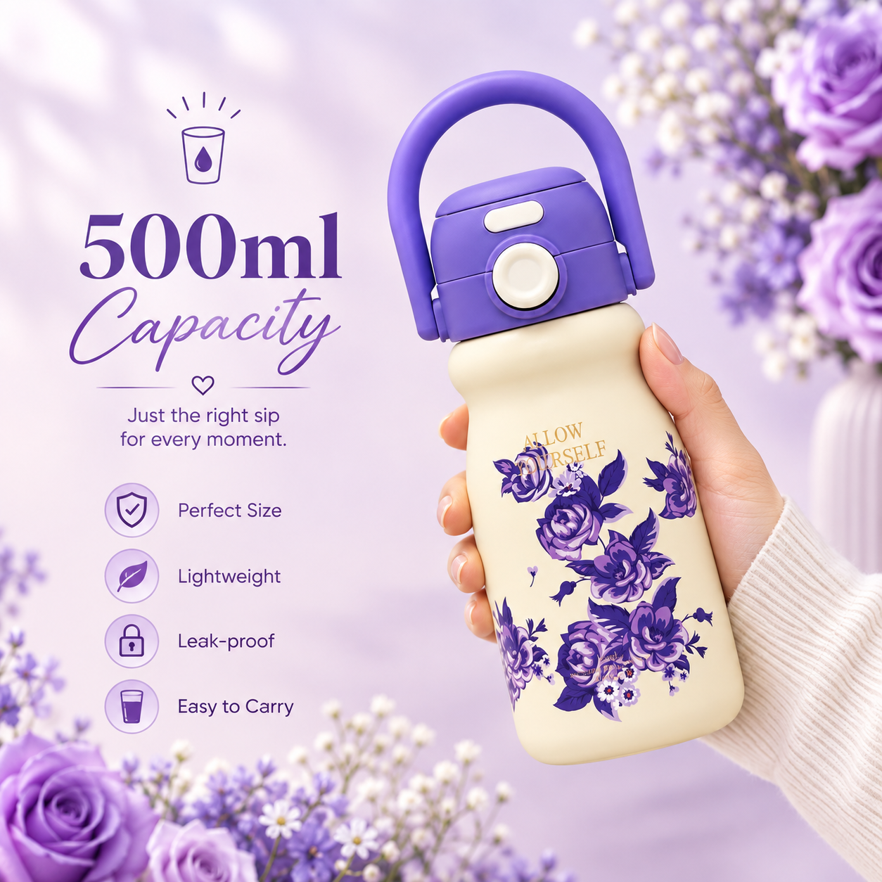 500ml Flower Insulated Steel Bottle – Lavender