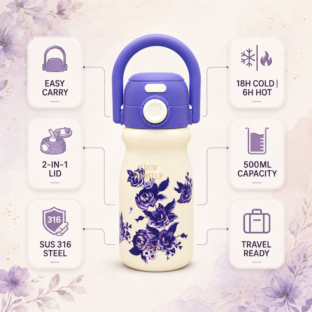 500ml Flower Insulated Steel Bottle – Lavender