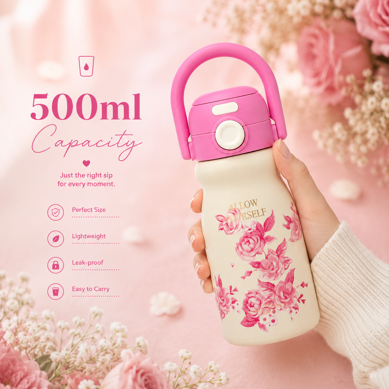 500ml Flower Insulated Steel Bottle – Pink