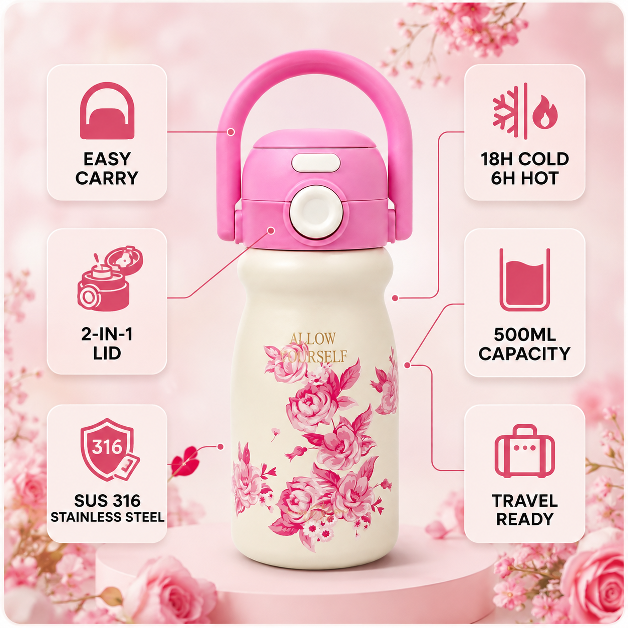 500ml Flower Insulated Steel Bottle – Pink