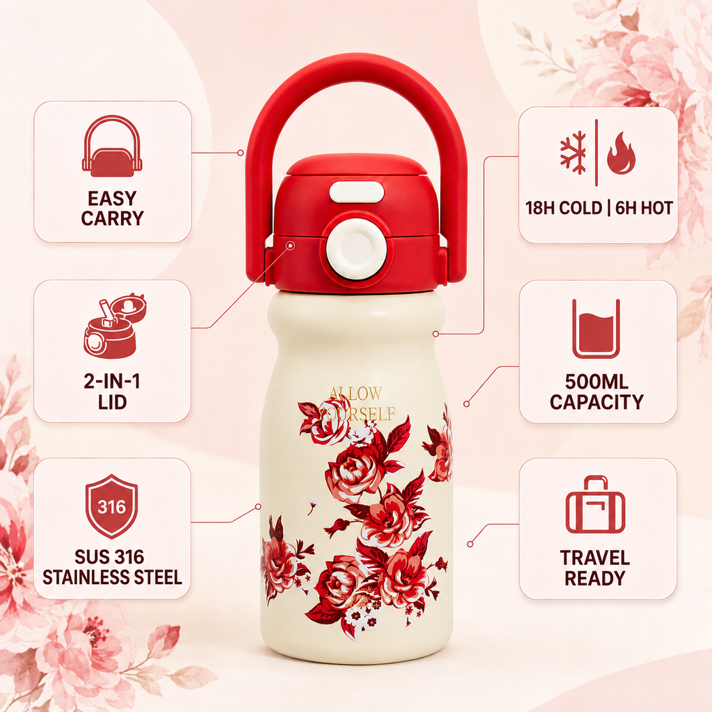 500ml Flower Insulated Steel Bottle – Red