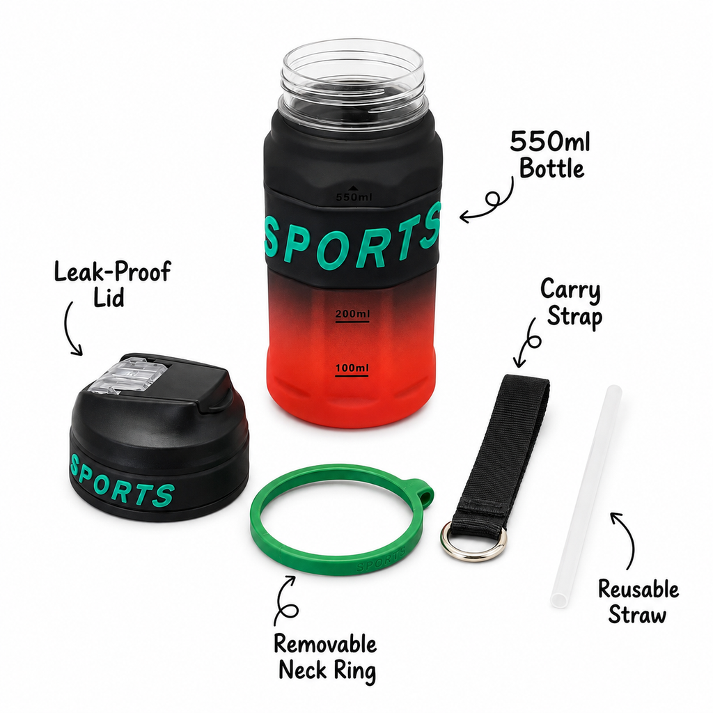 550ml Sports Straw Sipper Bottle with Carry Strap – Black, Red & Green