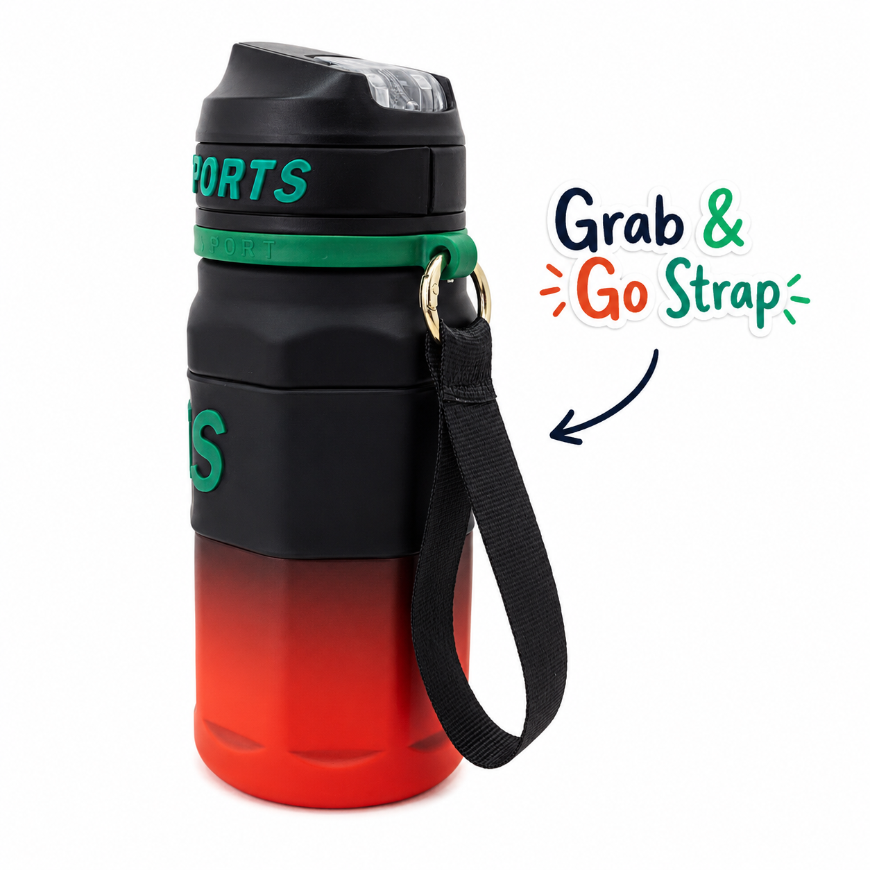 550ml Sports Straw Sipper Bottle with Carry Strap – Black, Red & Green