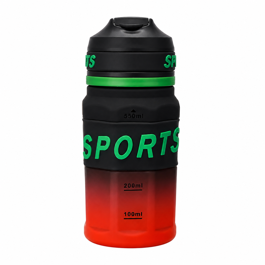550ml Sports Straw Sipper Bottle with Carry Strap – Black, Red & Green