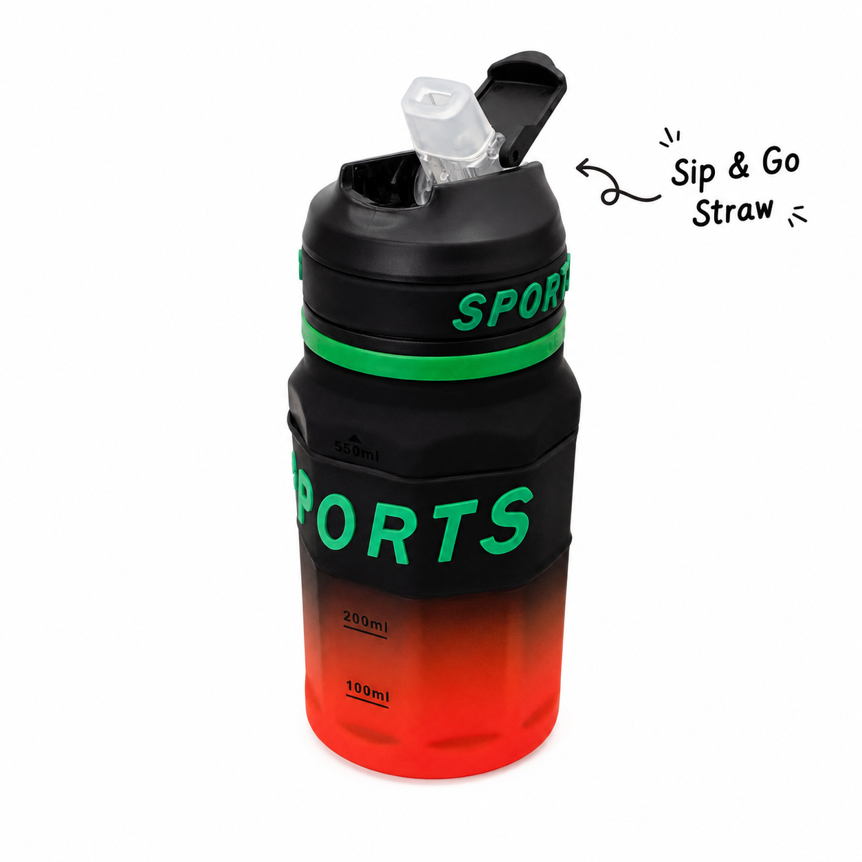 550ml Sports Straw Sipper Bottle with Carry Strap – Black, Red & Green