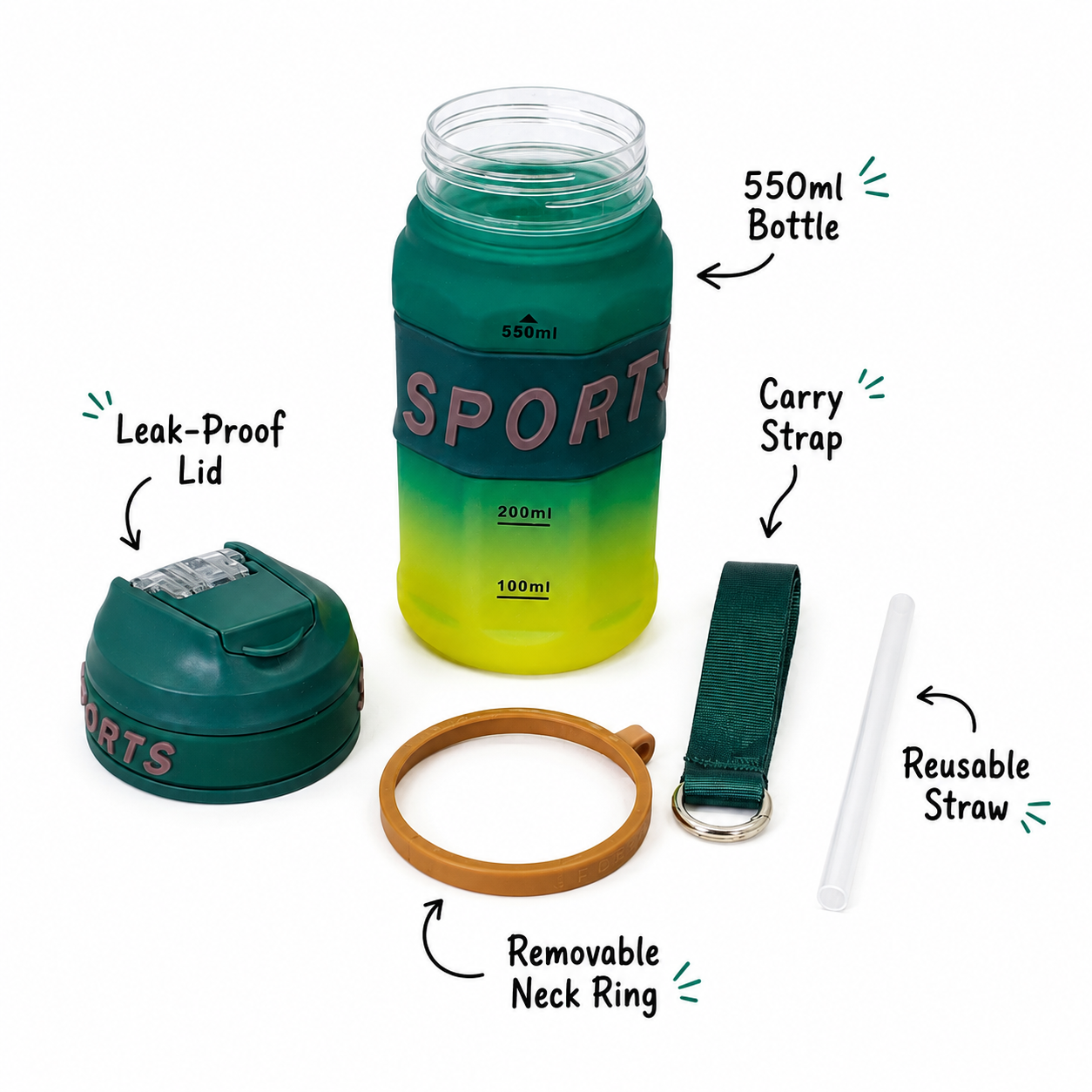 550ml Sports Straw Sipper Bottle with Carry Strap – Green & Lime