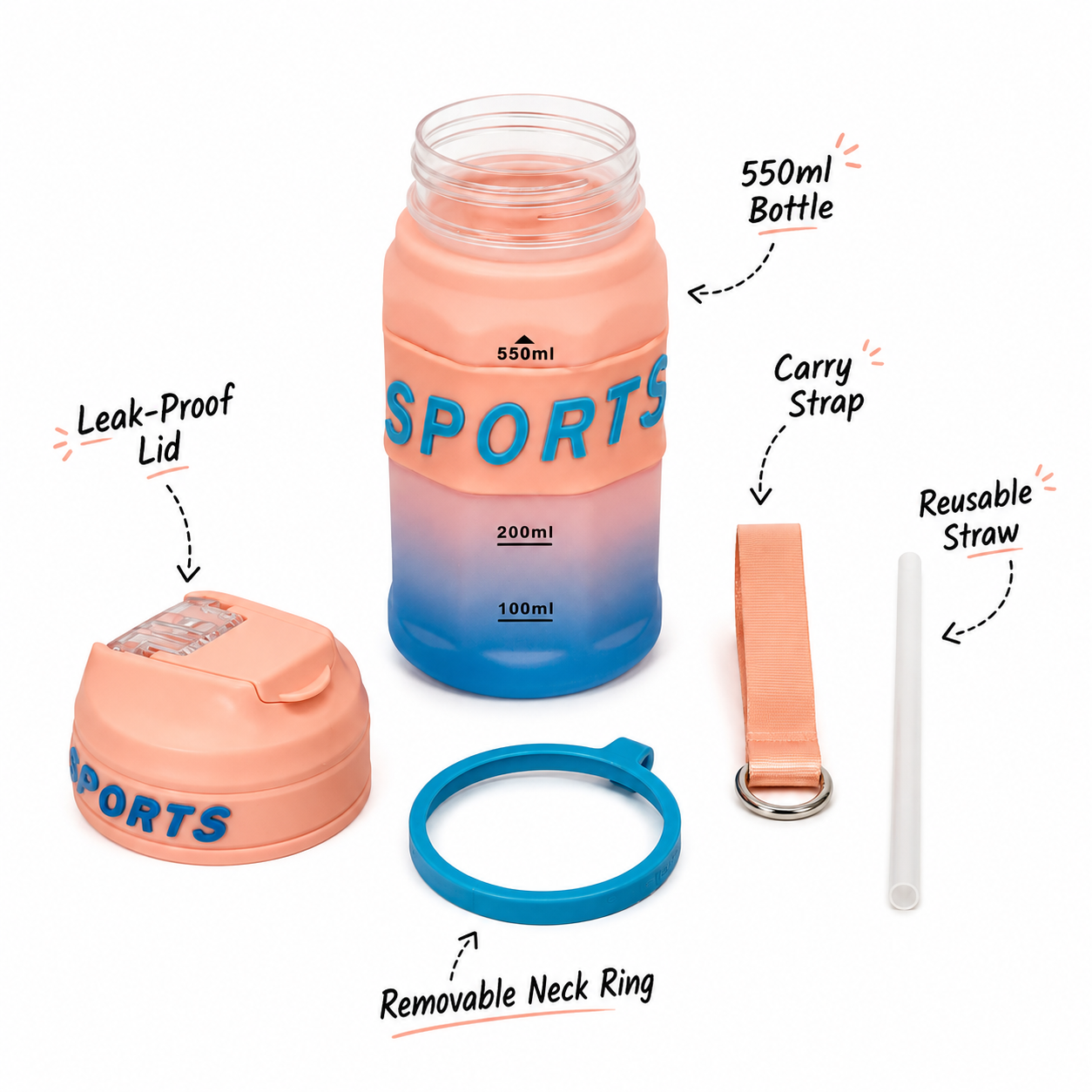 550ml Sports Straw Sipper Bottle with Carry Strap – Peach & Blue