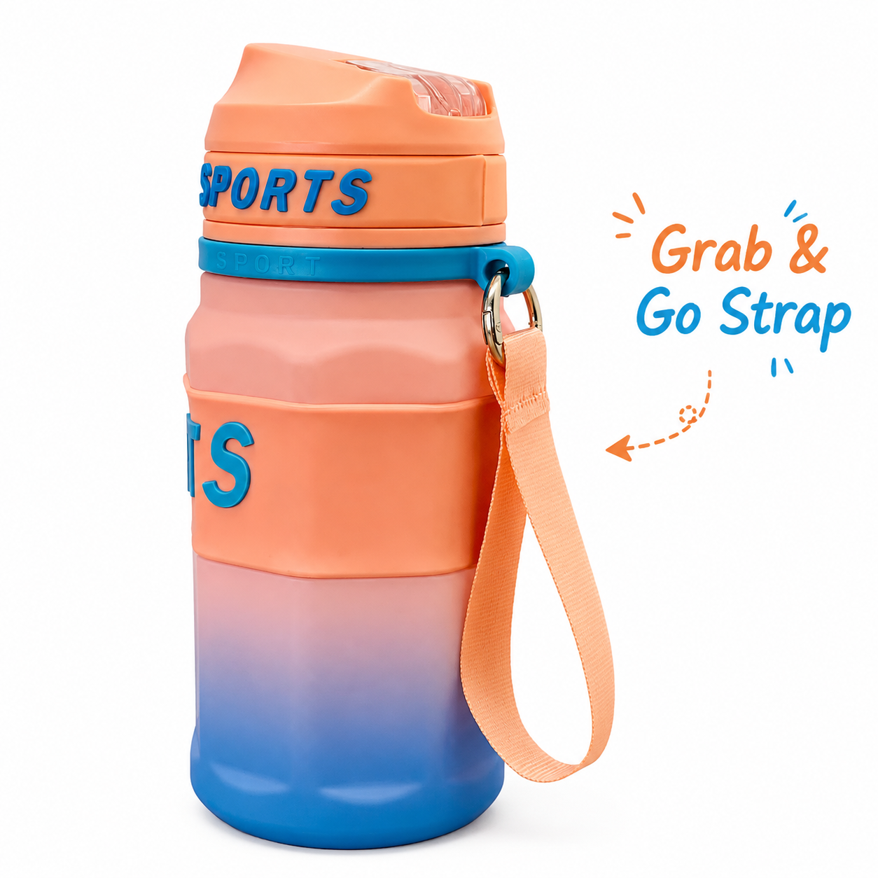 550ml Sports Straw Sipper Bottle with Carry Strap – Peach & Blue