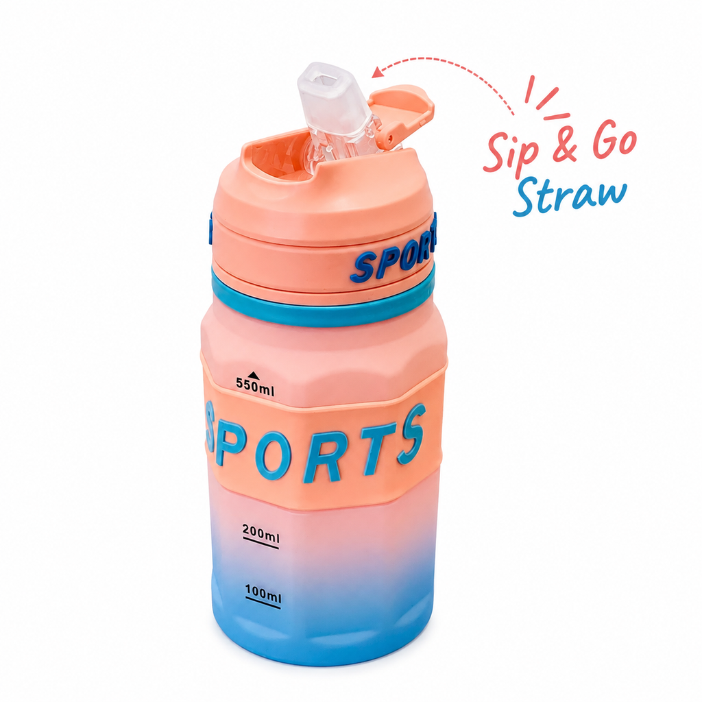 550ml Sports Straw Sipper Bottle with Carry Strap – Peach & Blue