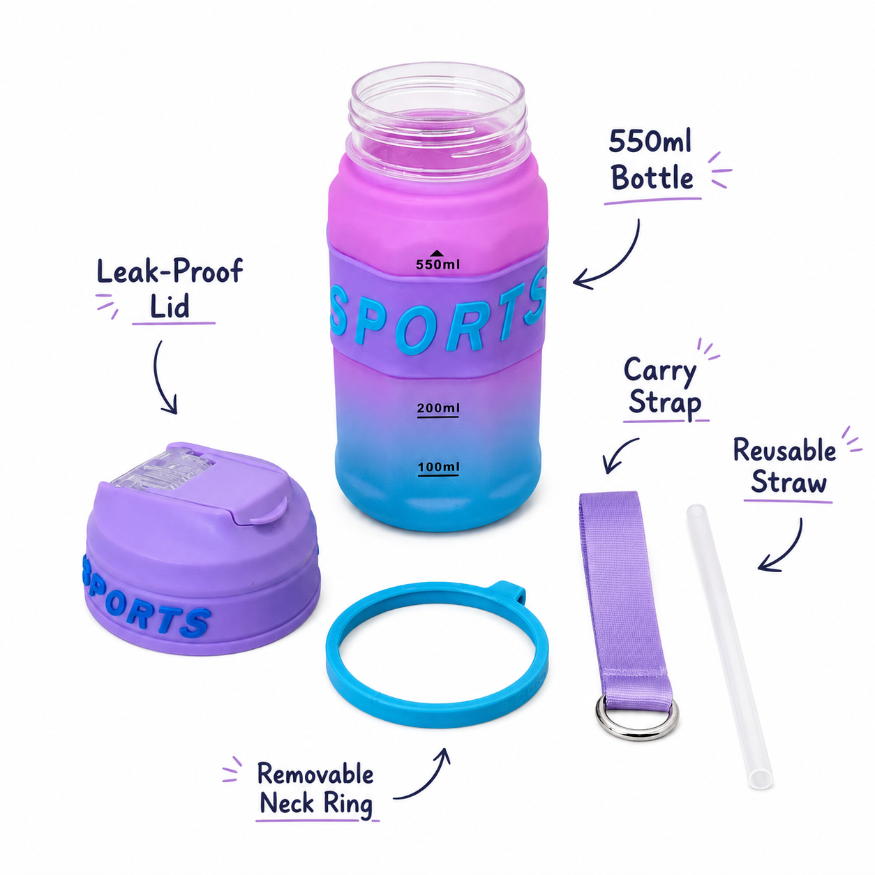 550ml Sports Straw Sipper Bottle with Carry Strap – Purple, Pink & Blue