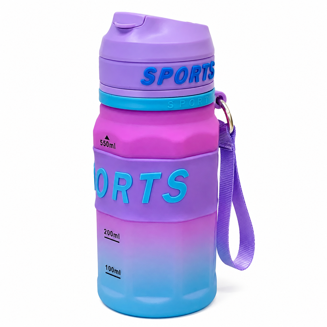 550ml Sports Straw Sipper Bottle with Carry Strap – Purple, Pink & Blue
