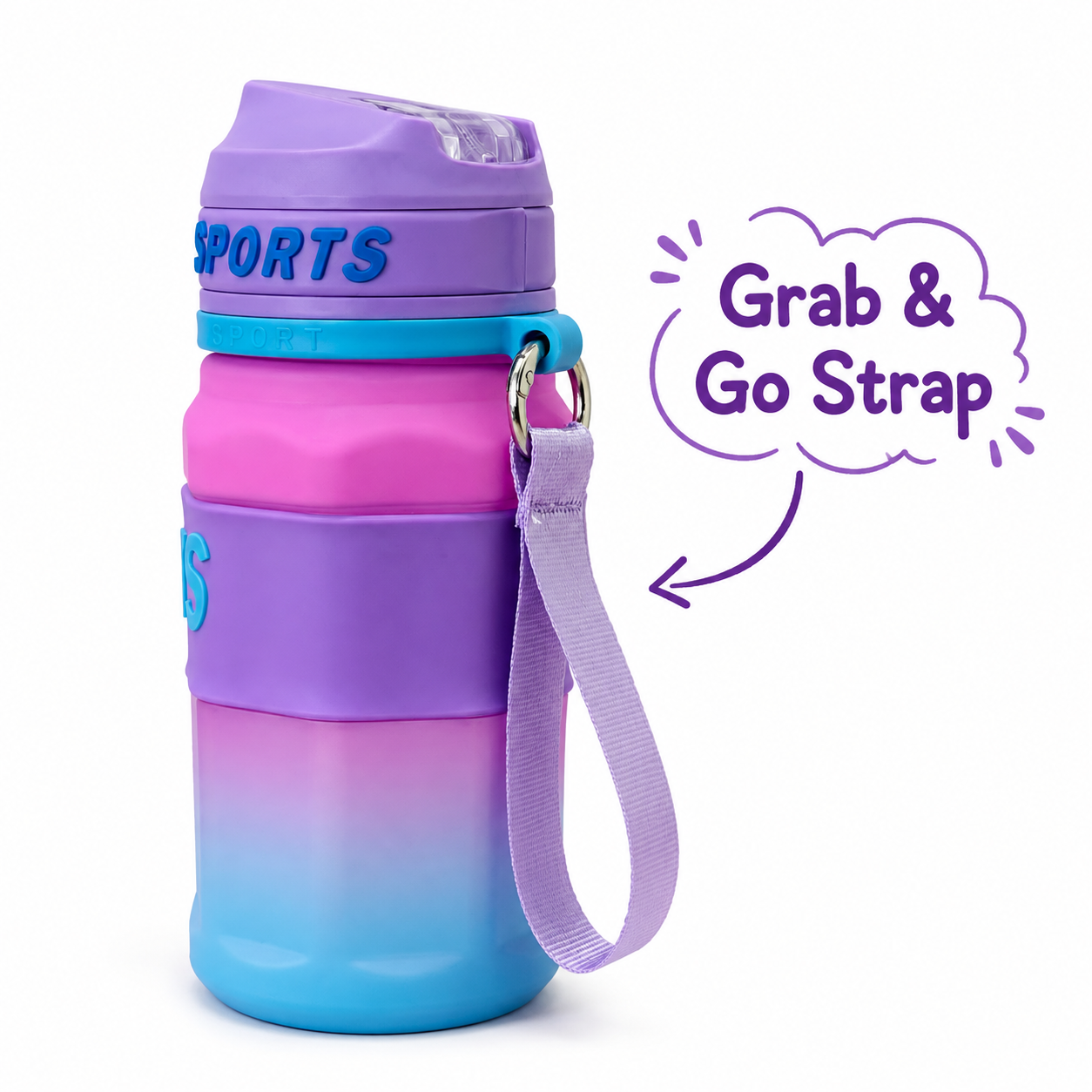 550ml Sports Straw Sipper Bottle with Carry Strap – Purple, Pink & Blue