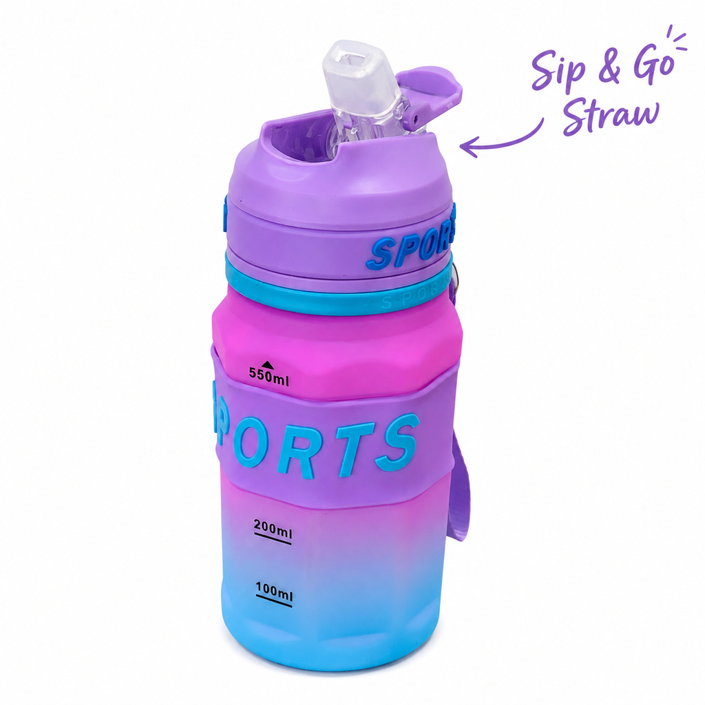 550ml Sports Straw Sipper Bottle with Carry Strap – Purple, Pink & Blue