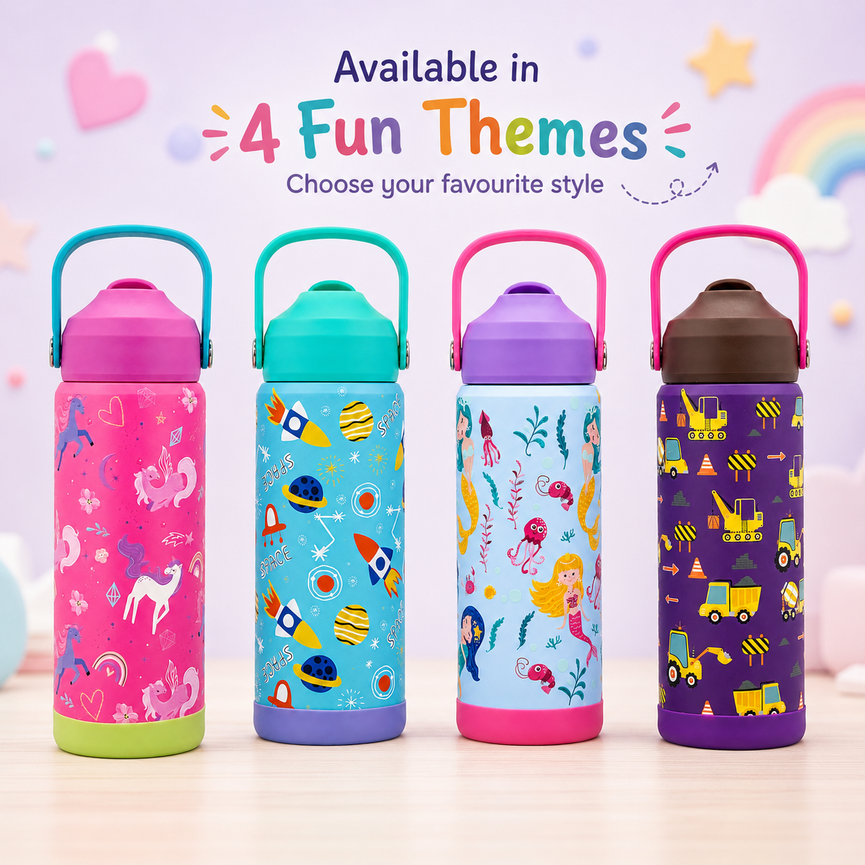 600ml Mermaid Theme Stainless Steel Insulated Bottle for Kids – Sky Blue & Purple