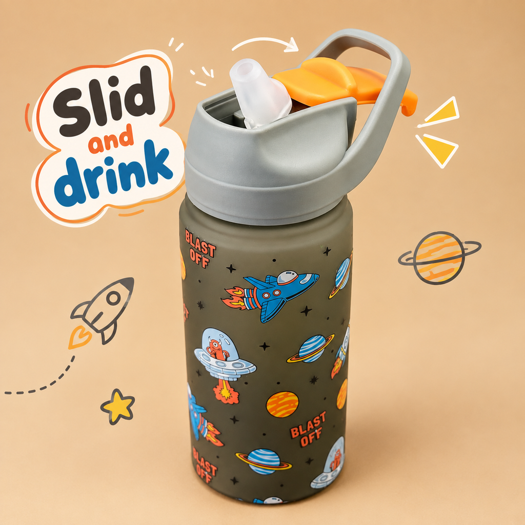 600ml Matte Finish Kids Straw Water Bottle – 4 Playful Themes