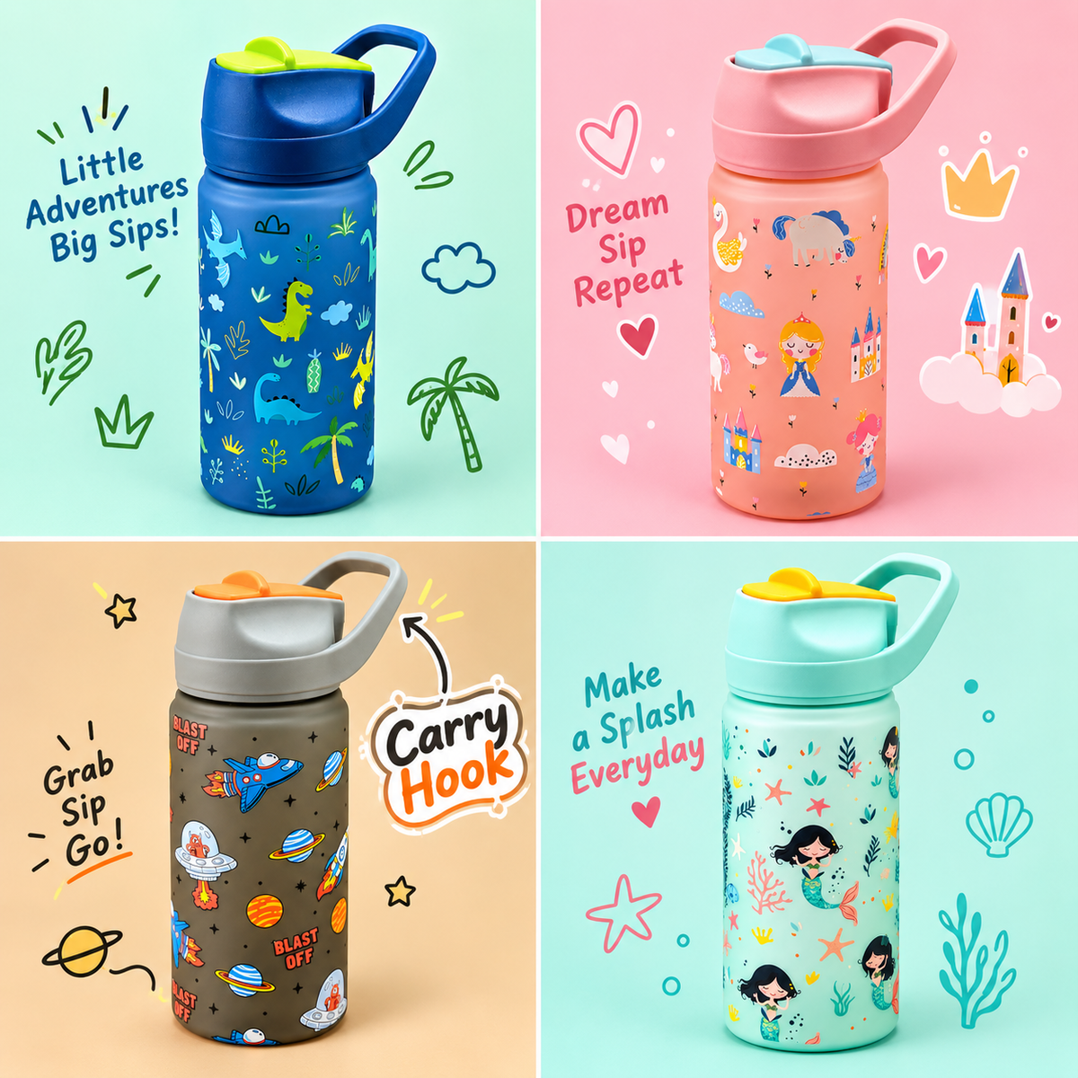 600ml Matte Finish Kids Straw Water Bottle – 4 Playful Themes
