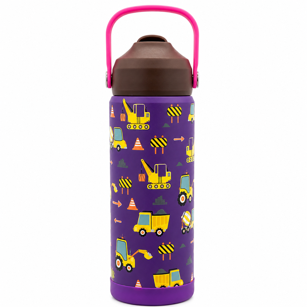 600ml Construction Theme Stainless Steel Insulated Bottle for Kids – Purple & Brown