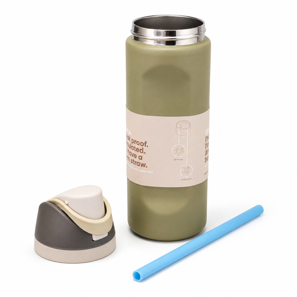 710ml 2-in-1 Insulated Stainless Steel Bottle with Straw & Spout – Olive Khaki