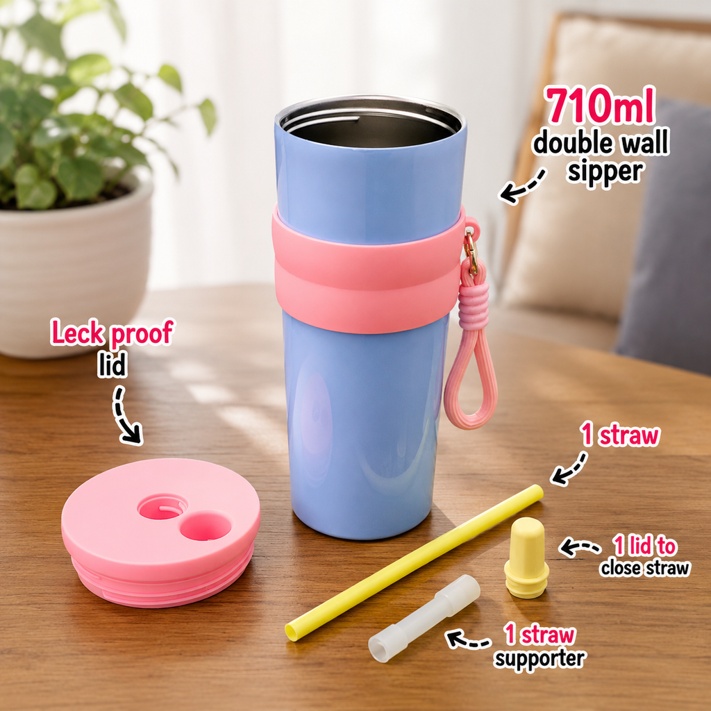 710ml Insulated Steel Sipper – Sky Blue & Pink