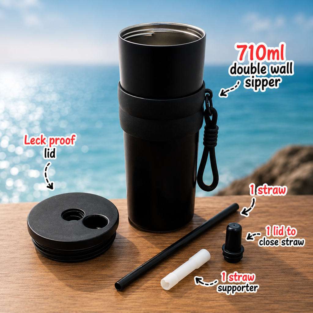 710ml Insulated Steel Sipper – Charcoal Black