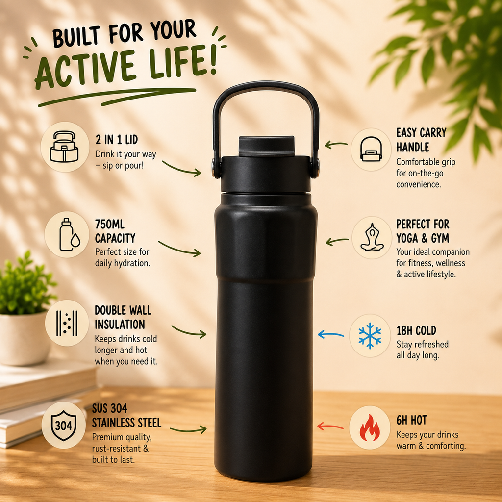 750ml 2-in-1 Insulated Bottle – Black