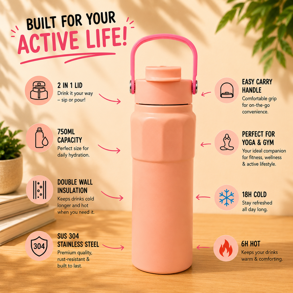 750ml 2-in-1 Insulated Bottle – Pastel Pink