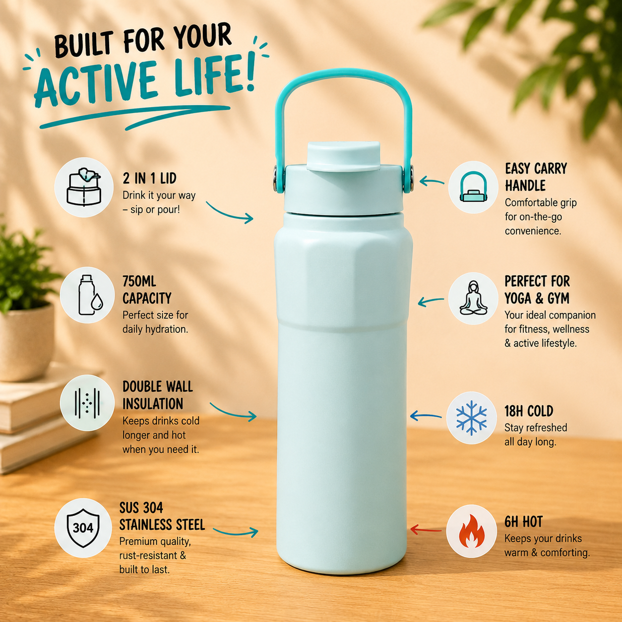 750ml 2-in-1 Insulated Bottle – Pastel Sky
