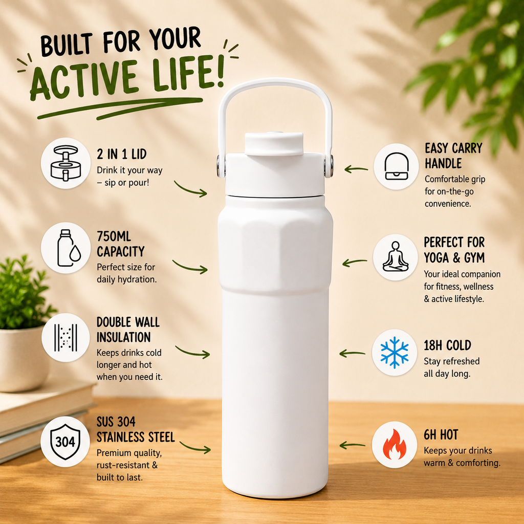 750ml 2-in-1 Insulated Bottle – Pastel White