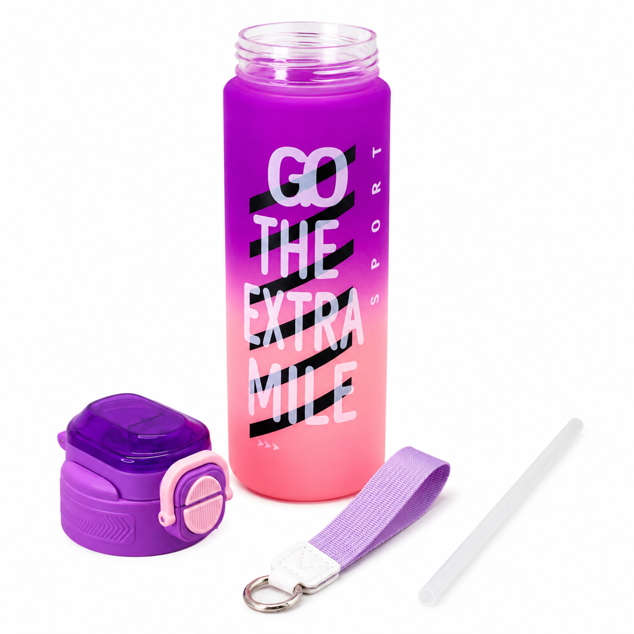 800ml Matt Finished Plastic Sports Sipper Bottle with Straw – Purple & Pink
