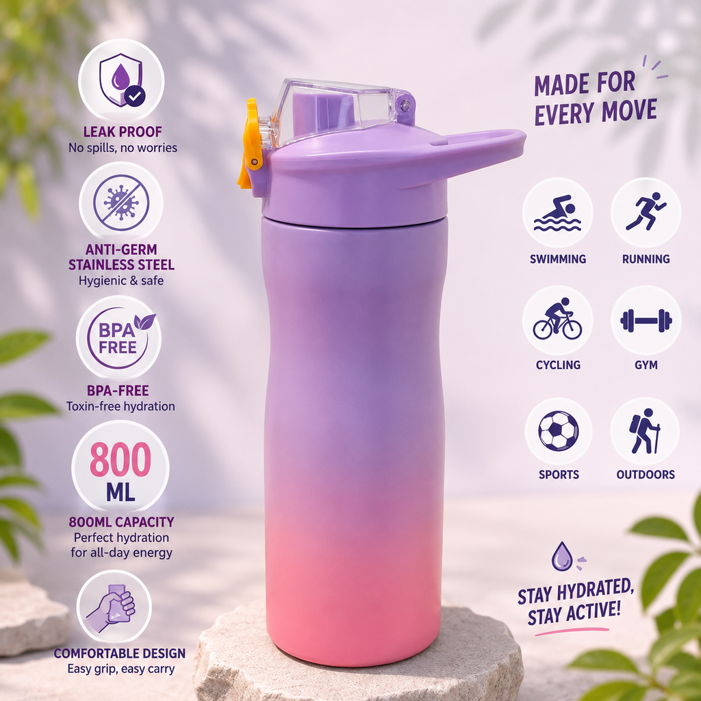 800ml Stainless Steel Sports Bottle – Lavender Pink