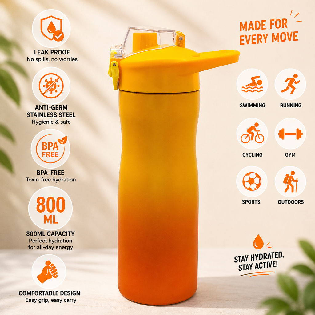 800ml Stainless Steel Sports Bottle – Sunset Orange