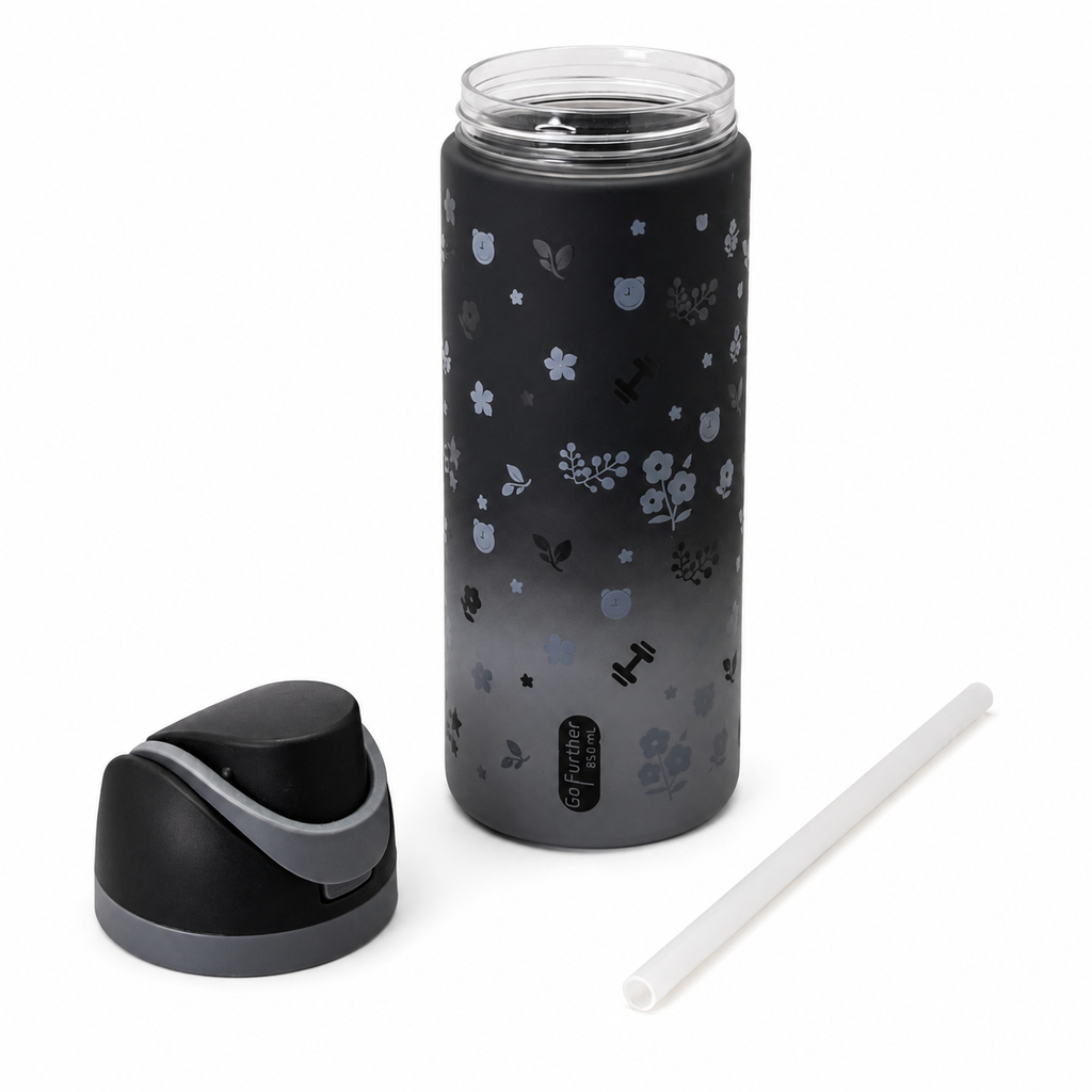 850ml 2-in-1 Straw & Spout Drinking Bottle – Matte Black & Grey