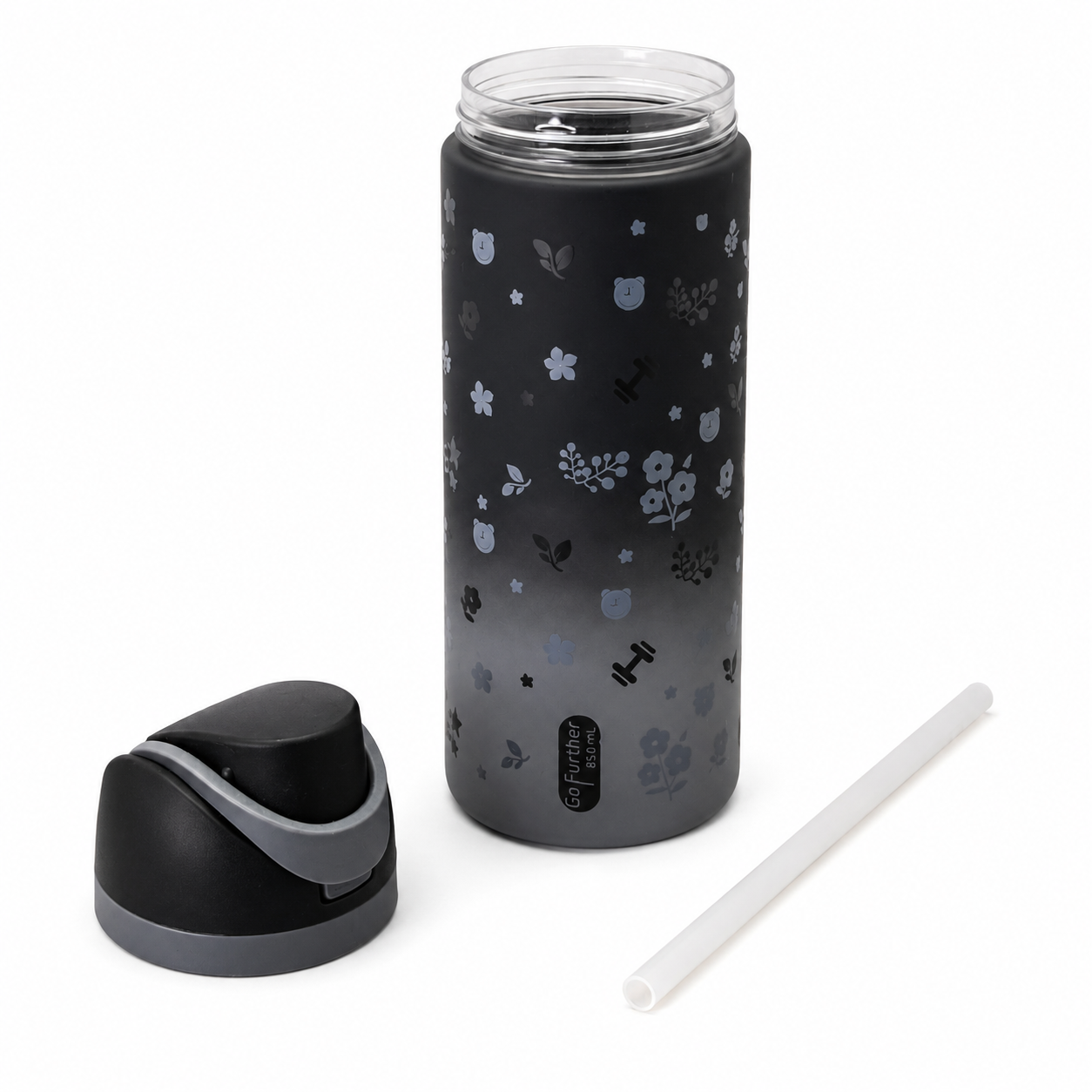 850ml 2-in-1 Straw & Spout Drinking Bottle – Matte Black & Grey