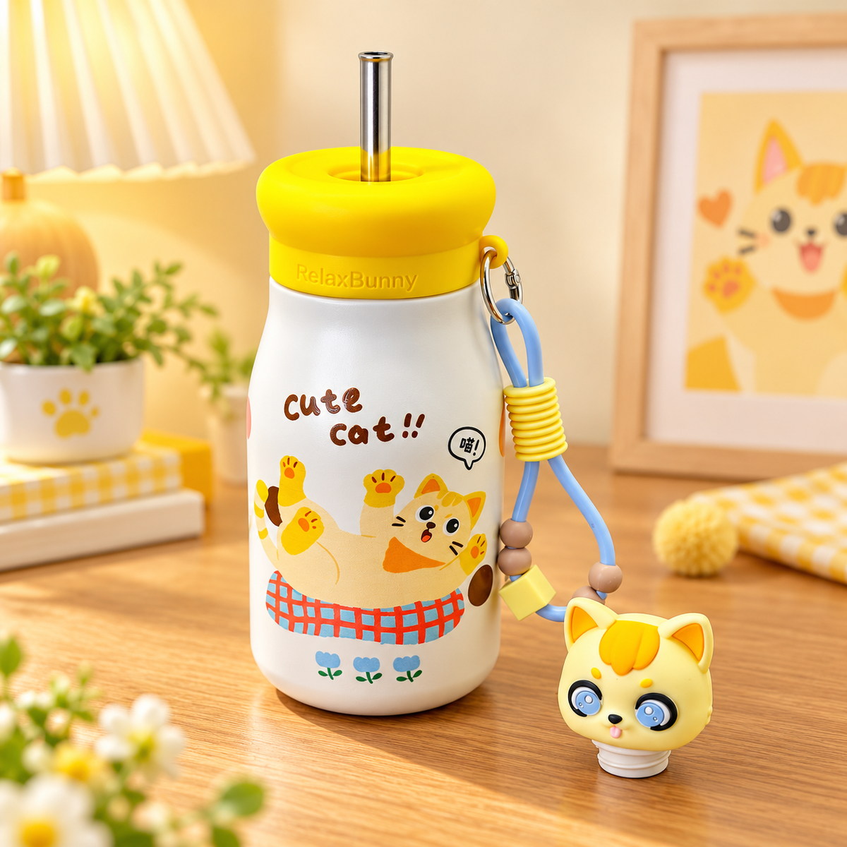 500ml Cute Cat Insulated Bottle – Yellow