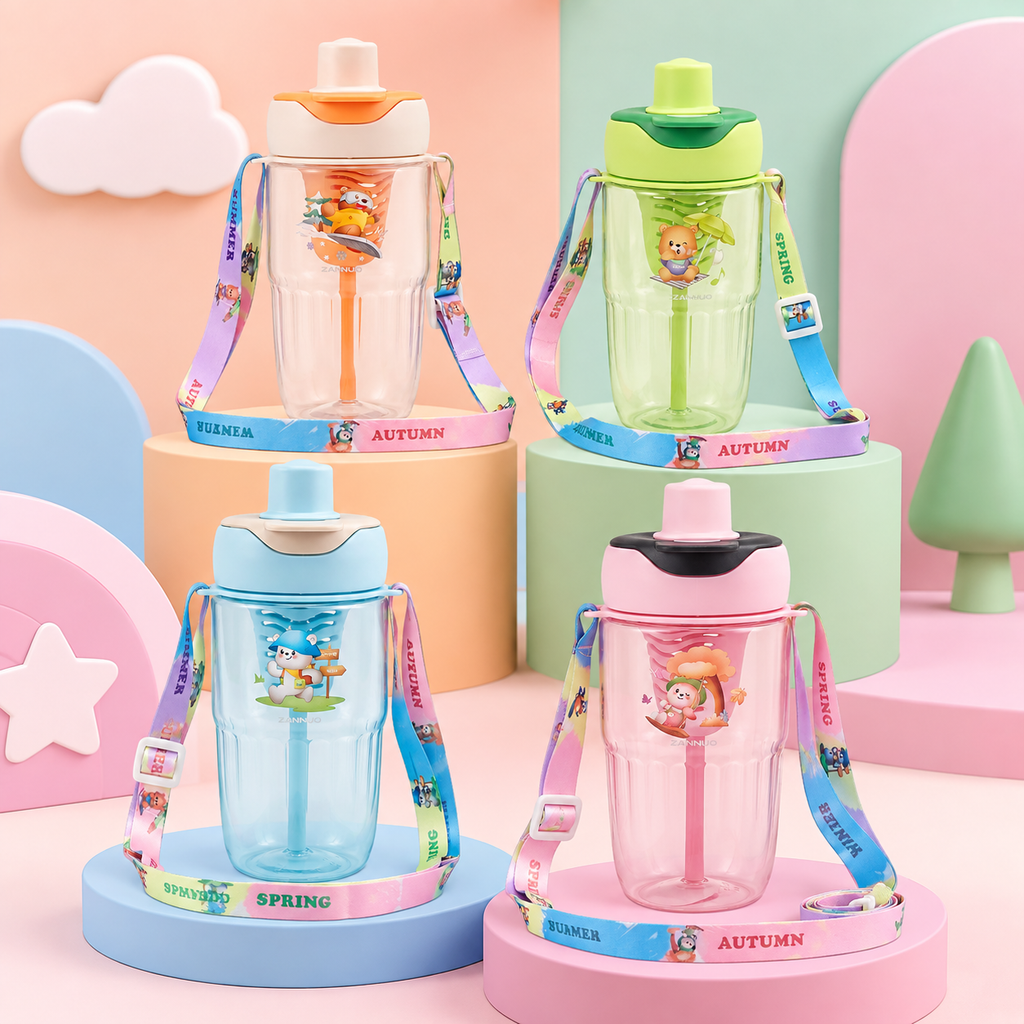 Autumn Garden Bear 2-in-1 Kids Water Bottle with Strap