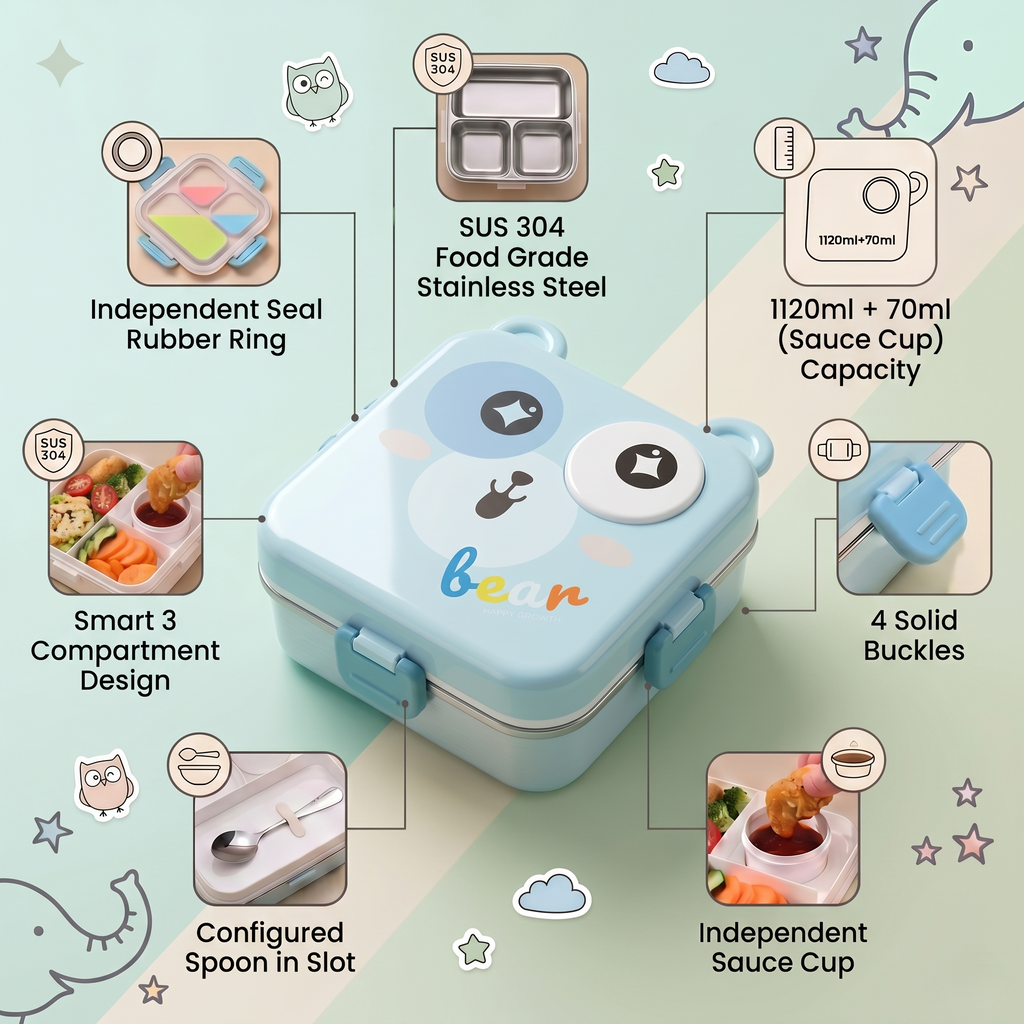 Bear-Blue Giant 1120ml Double Layer Stainless Steel Bento Box