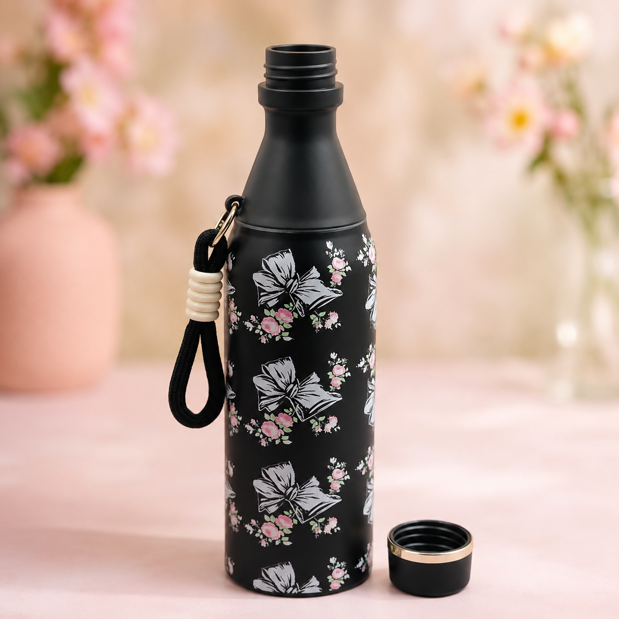 18oz Floral Insulated Water Bottle – Black