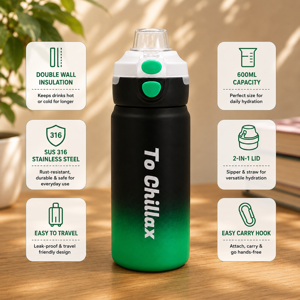 600ml Chillax Insulated Bottle – Black & Green