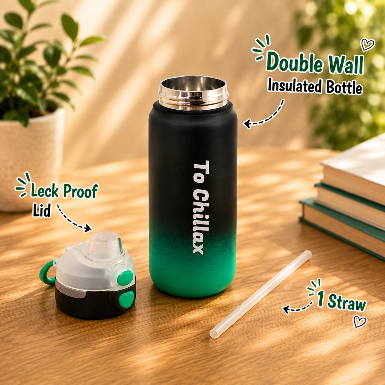 600ml Chillax Insulated Bottle – Black & Green