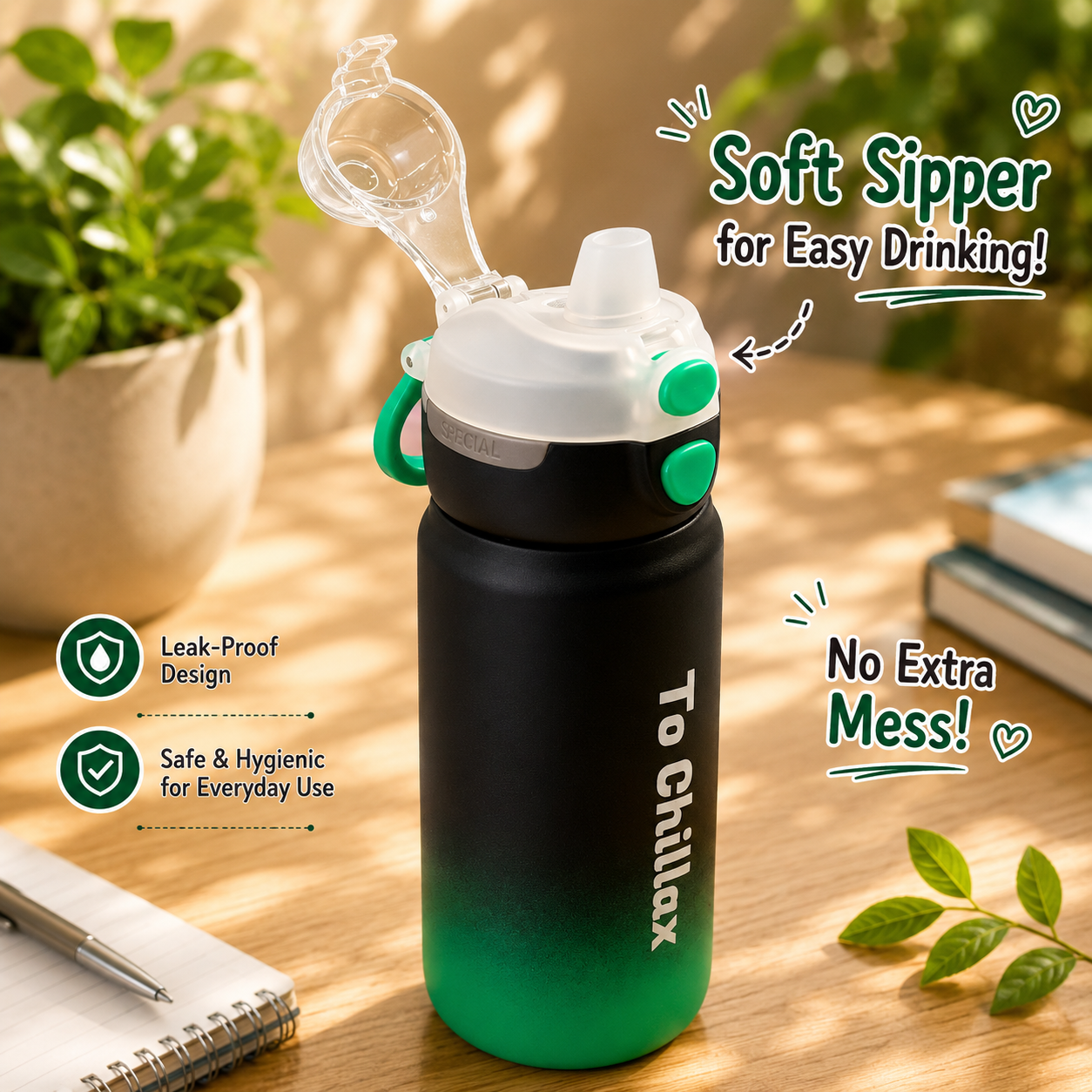 600ml Chillax Insulated Bottle – Black & Green