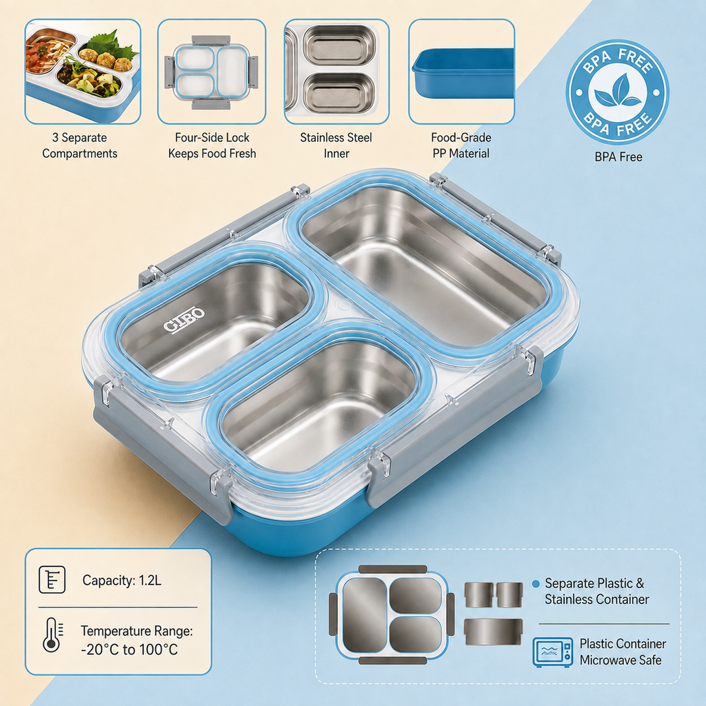 Gibo Premium Stainless Steel Bento Lunch Box (Sky Blue)