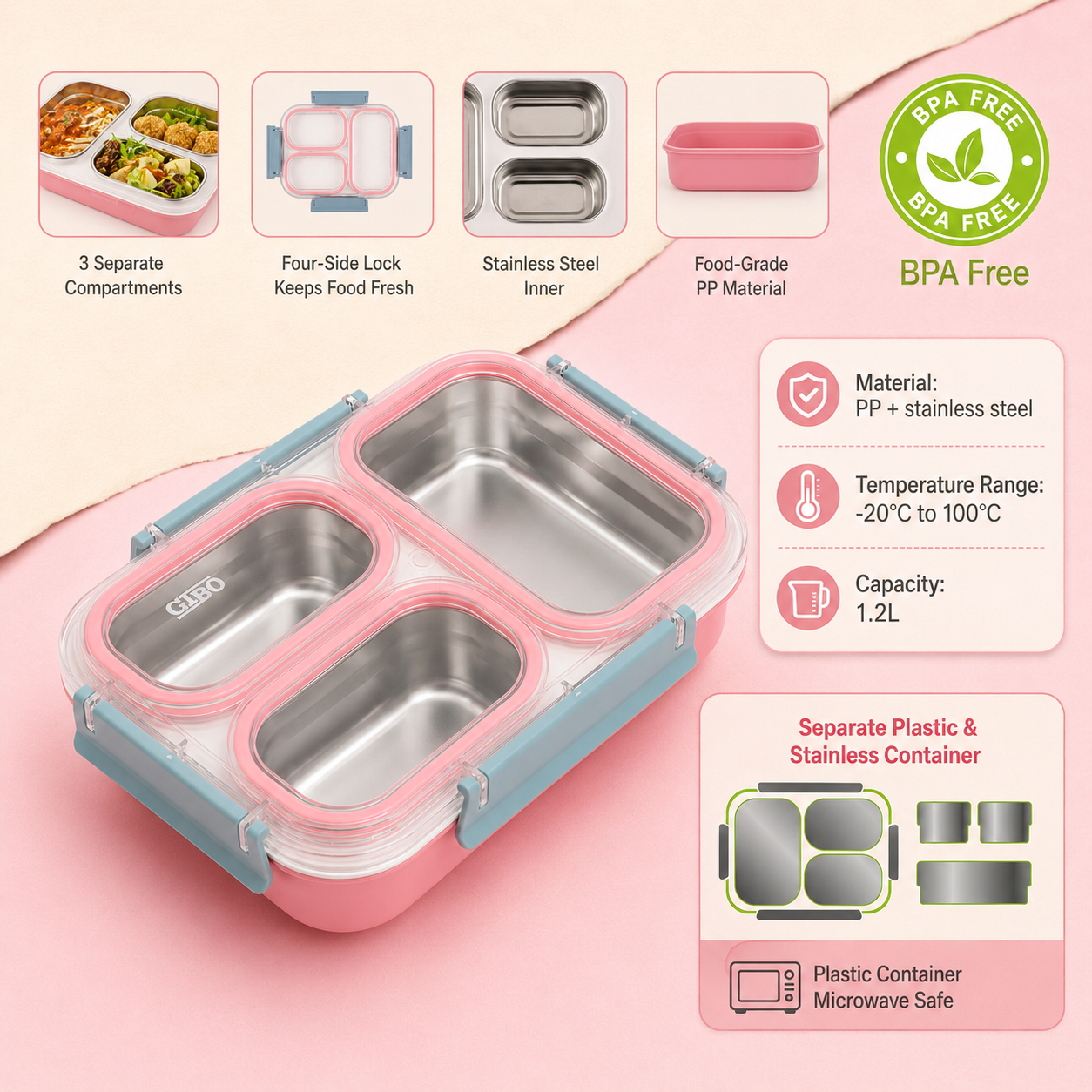 Gibo Premium Stainless Steel Bento Lunch Box (Pink)